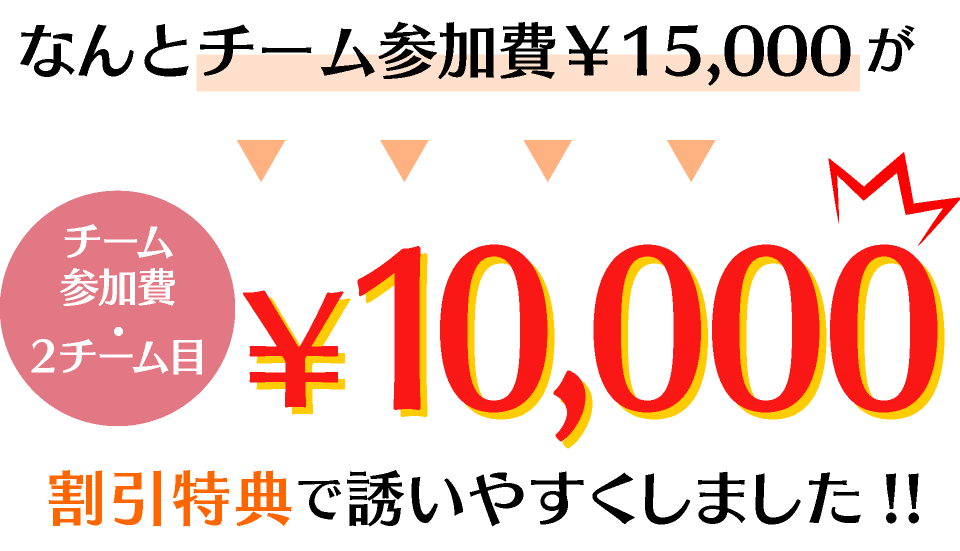 なんとチーム参加費￥20,000（チーム参加費・２チーム目）が、￥10,000！割引特典で誘いやすくしました!!